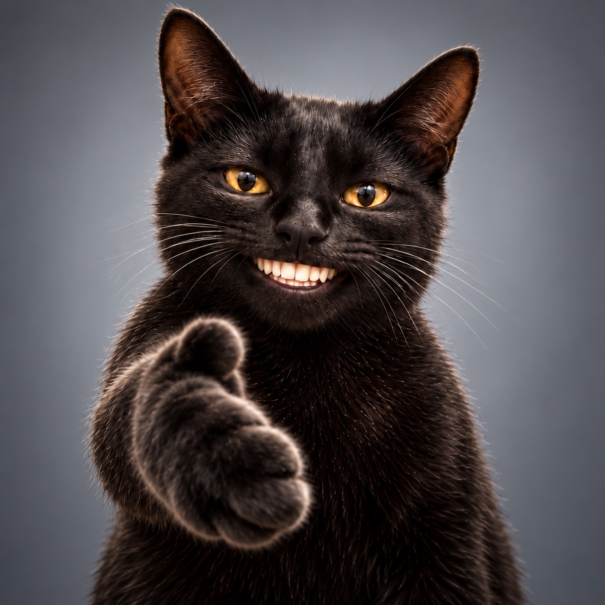 A grinning black cat pointing at the viewer with an approving thumbs-up paw
